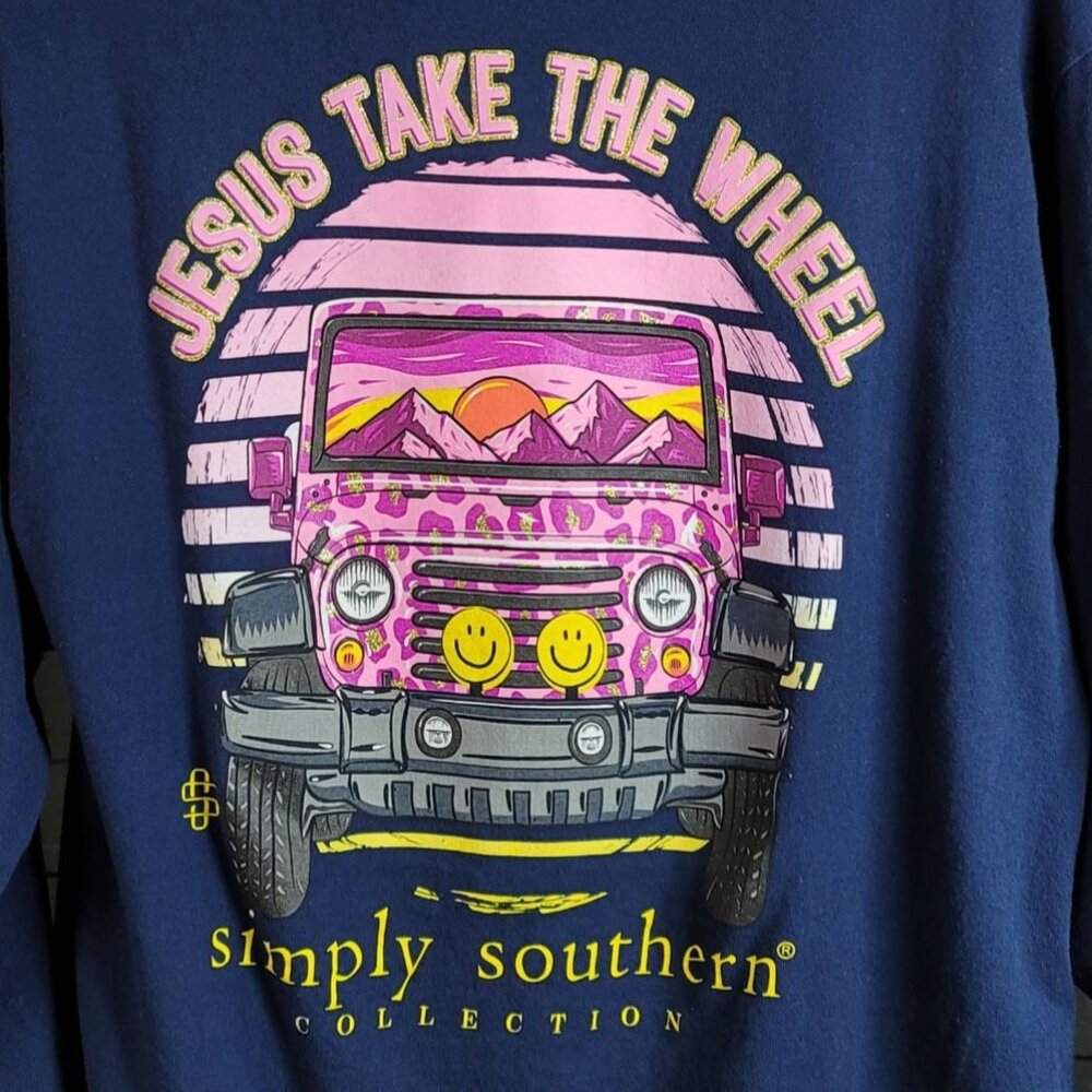 Simply Southern Women TShirt Blue Large Jesus Take Wheel Long Sleeve Jeep READ - Picture 7 of 10